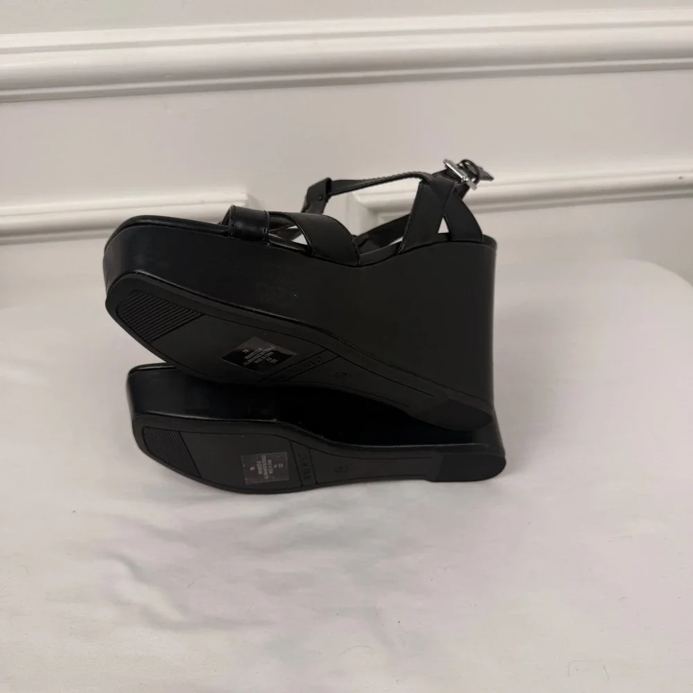 Nine West Womens Black T-Strap Platform Wedge Sandals WNKNEECE3-R Size 7M NEW